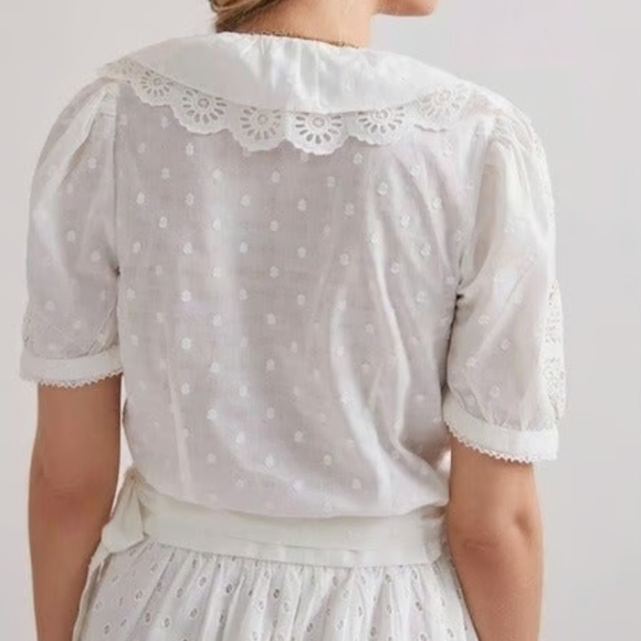 Anthropologie Forever That Girl Ruffled White Cotton Eyelet Lace Tie Wrap Top - Picture 6 of 13